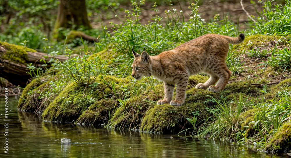 Obraz premium a wild european lynx standing by the water's edge in a forest