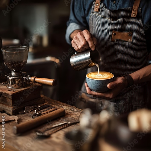 Barista skillfully pouring latte art into a ceramic cup in a cozy coffee shop setting