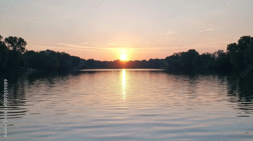 Naklejka premium Tranquil sunset over a lake, silhouettes of trees