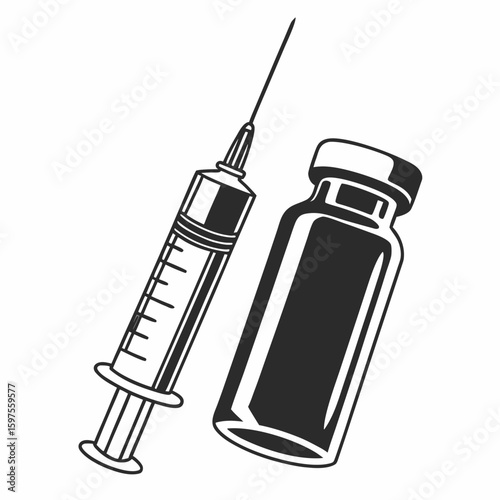 Vaccine vial and Syringe : A meticulous, two-dimensional illustration showcases a transparent vaccine vial and a syringe, central to the medical field for immunization and healthcare protocols.