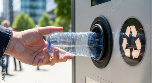 Close-up of a human hand inserting a plastic bottle into a reverse vending machine for recycling