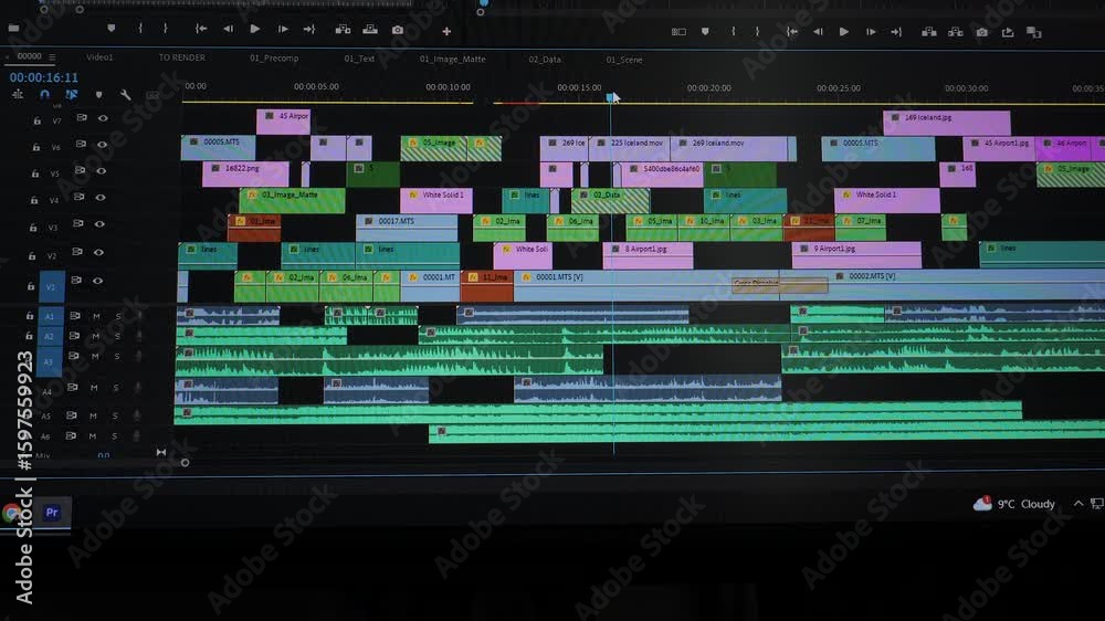 Detailed video project timeline with multiple layers and audio tracks, Editing window showing complex media sequence and synchronized sound design