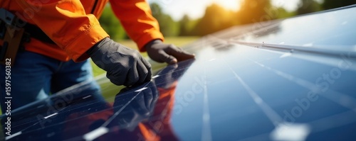 Close-up of solar panel connection during installation, renewable, technology
