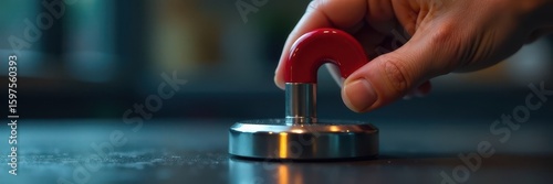 Close-up of hand using magnet to lift metallic object, technology, hand, design