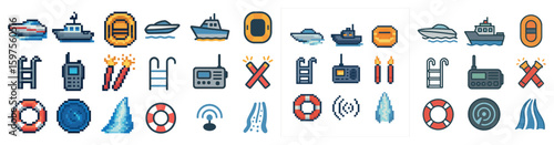 Boating and marine pixel art icons set – nautical, sea, watercraft symbols