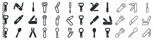 Pocket tools silhouette icons set – solid, filled, utility and multifunction symbols