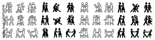 Dance and movement outline icons set – silhouette, linear, rhythm symbols