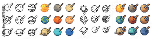 Planet and space icons set – pixel art, outline, celestial and astronomy symbols