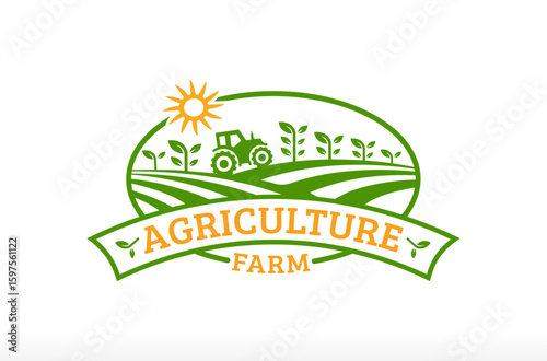 Agriculture Farm Land Logo Tractor And Tree Plant Logo Design Vector Icon Symbol Silhouette Illustration brand business company, green food farming company logo, crop grain bakery agro cattle ranch