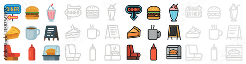 Diner and food flat icons set – filled, outline, cafe and menu symbols