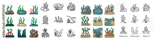 Aquatic plants pixel art icons set – pixel, outline, seaweed and marine symbols