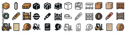 Warehouse and packaging pixel art icons set – logistics, crates, shipping symbols