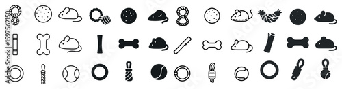 Pet playtime silhouette icons set – solid, filled, animal and toy symbols