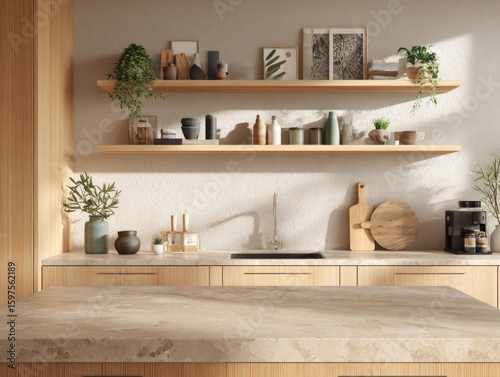 A kitchen with a countertop and a sink. There are several potted plants on the countertop