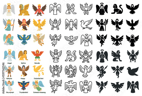 Mythical creatures icon set – outline, flat, fantasy and legendary symbols