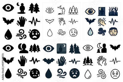 Horror and fear icons set – outline, pixel art, spooky and halloween symbols