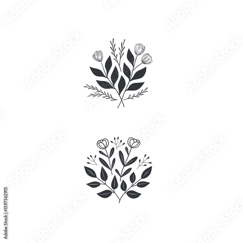 Set of two stylized bouquets of flowers. Floral logos, emblems, signs.