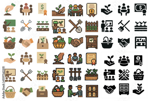 Community gardening pixel art icons set – urban farming, agriculture symbols