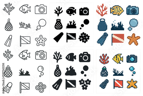 Marine life icon set – outline, flat, underwater and ocean exploration graphics