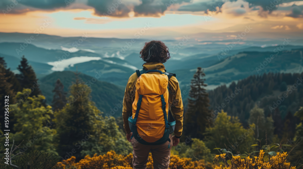 Naklejka premium Hiker pauses on a mountain peak, back to camera, taking in the expansive scenic panorama at dusk.