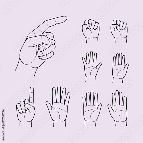 A minimalist line drawing illustration of various hand gestures on a light purple background.