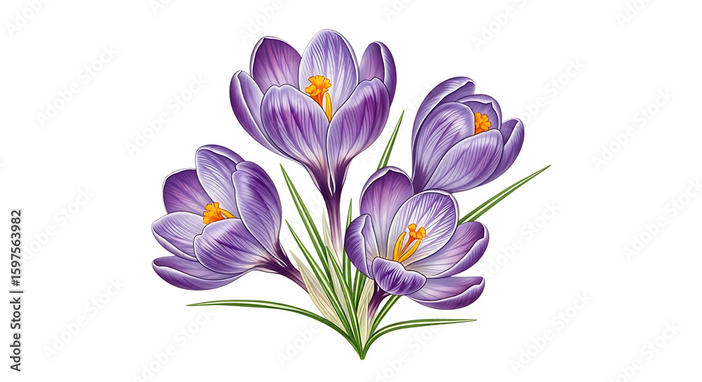 Fototapeta premium Beautiful bunch of purple crocus flowers with green stems isolated on transparent background