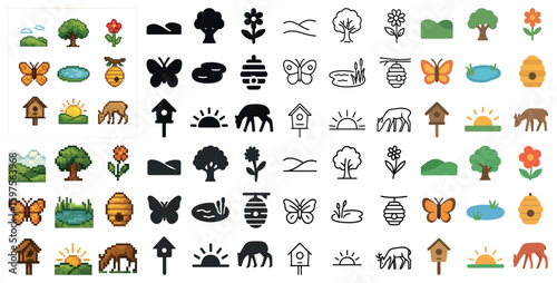 Nature and wildlife icons set - pixel art, silhouette, environment symbols