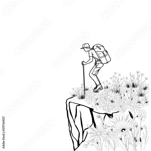 A hiker leaning over a wildflower-strewn ledge
