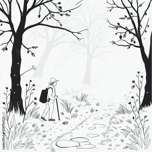 A botanist collecting acorns along a foggy footpath