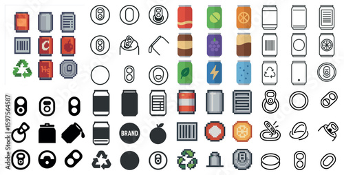 Beverage icons set in outline style – drink, can, soda and packaging symbols