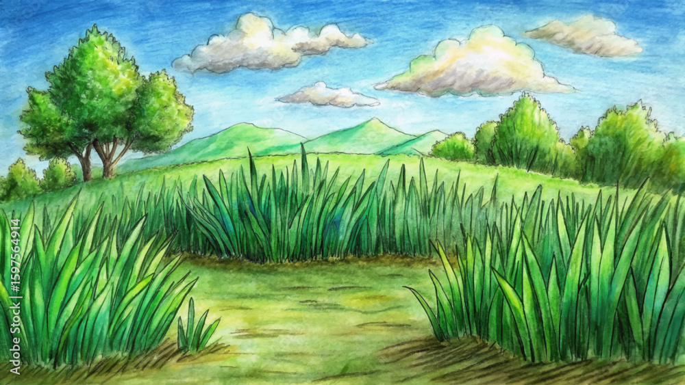 Obraz premium Vector sketch of green grass field on small rolling hills. Scenic rural countryside, meadows, pastures, grassland, farm field landscape. Peaceful nature panorama illustration design