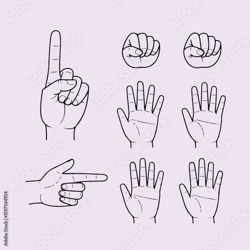 A minimalist line drawing illustration of various hand gestures on a light purple background.