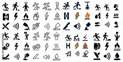 Emergency and safety outline icons set – linear, solid, hazard and warning symbols