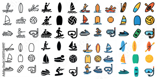 Water sports pixel art icons set – boating, kayaking, aquatic adventure symbols