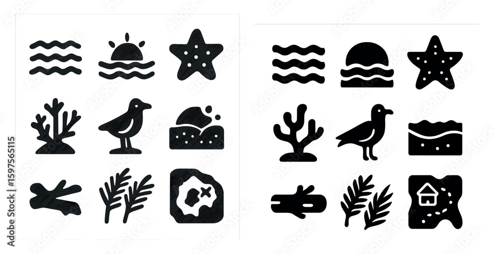 Fototapeta premium Beach and ocean solid icons set – filled, aquatic, sea life symbols
