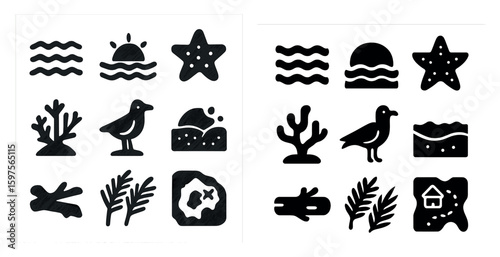 Beach and ocean solid icons set – filled, aquatic, sea life symbols