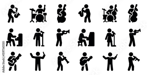 Music band silhouette icons set – solid, filled, musician and instrument symbols