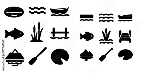 Lake and pond silhouette icons set – solid, outline, aquatic and fishing symbols