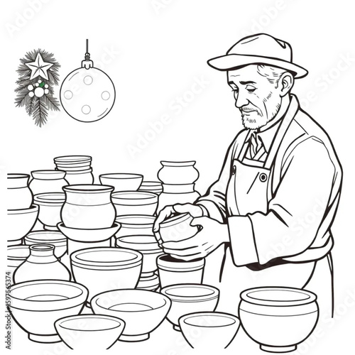 A potter arranging glazed bowls for a holiday market