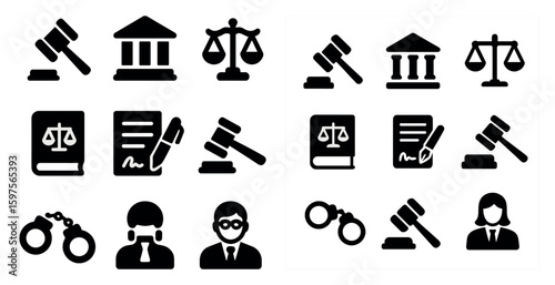 Law and justice solid icons set – silhouette, filled, legal and court symbols