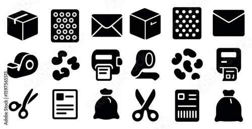 Mail and office solid icons set – filled, parcel, stationery elements