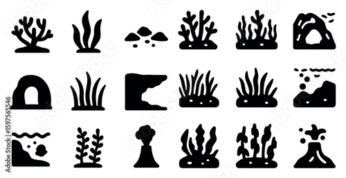 Aquatic nature solid icons set – filled, marine, underwater symbols