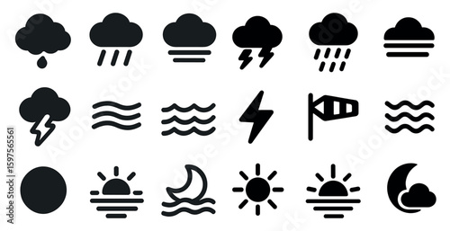 Weather and nature silhouette icons set – storm, climate, atmospheric symbols