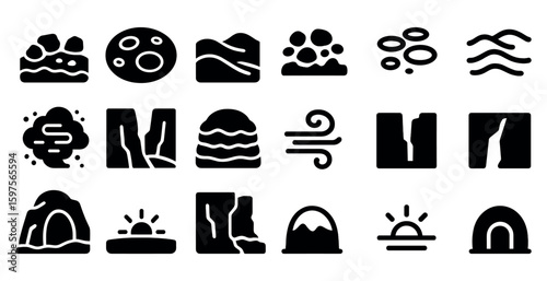 Geology and natural phenomena icons set – solid, silhouette, earth and rock symbols