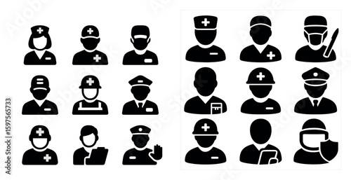 Medical professional silhouette icons set – flat, filled, healthcare and emergency symbols