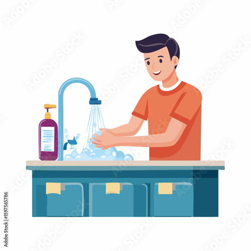 Vector flat illustration of a customer washing or sanitizing hands before eating at restaurant, hygiene and safety awareness concept