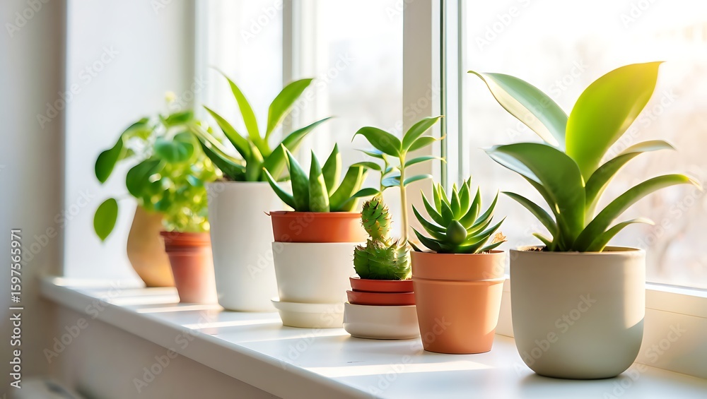 Fototapeta premium Various Potted Plants on a Windowsill with Natural Light Creating a Peaceful Indoor Oasis of Greenery and Wellness