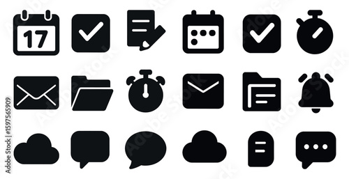 Business and office solid icons set – filled, productivity, workflow symbols