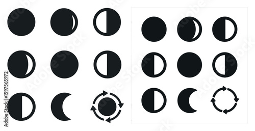 Moon phases silhouette icons set – filled, solid, lunar cycle symbols