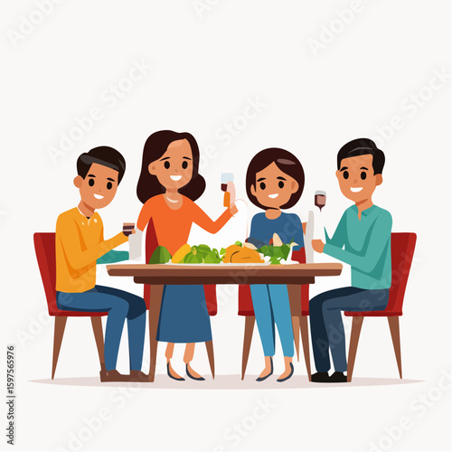 Flat vector of a family of four eating together at a restaurant table, smiling and enjoying food, warm and friendly vibe